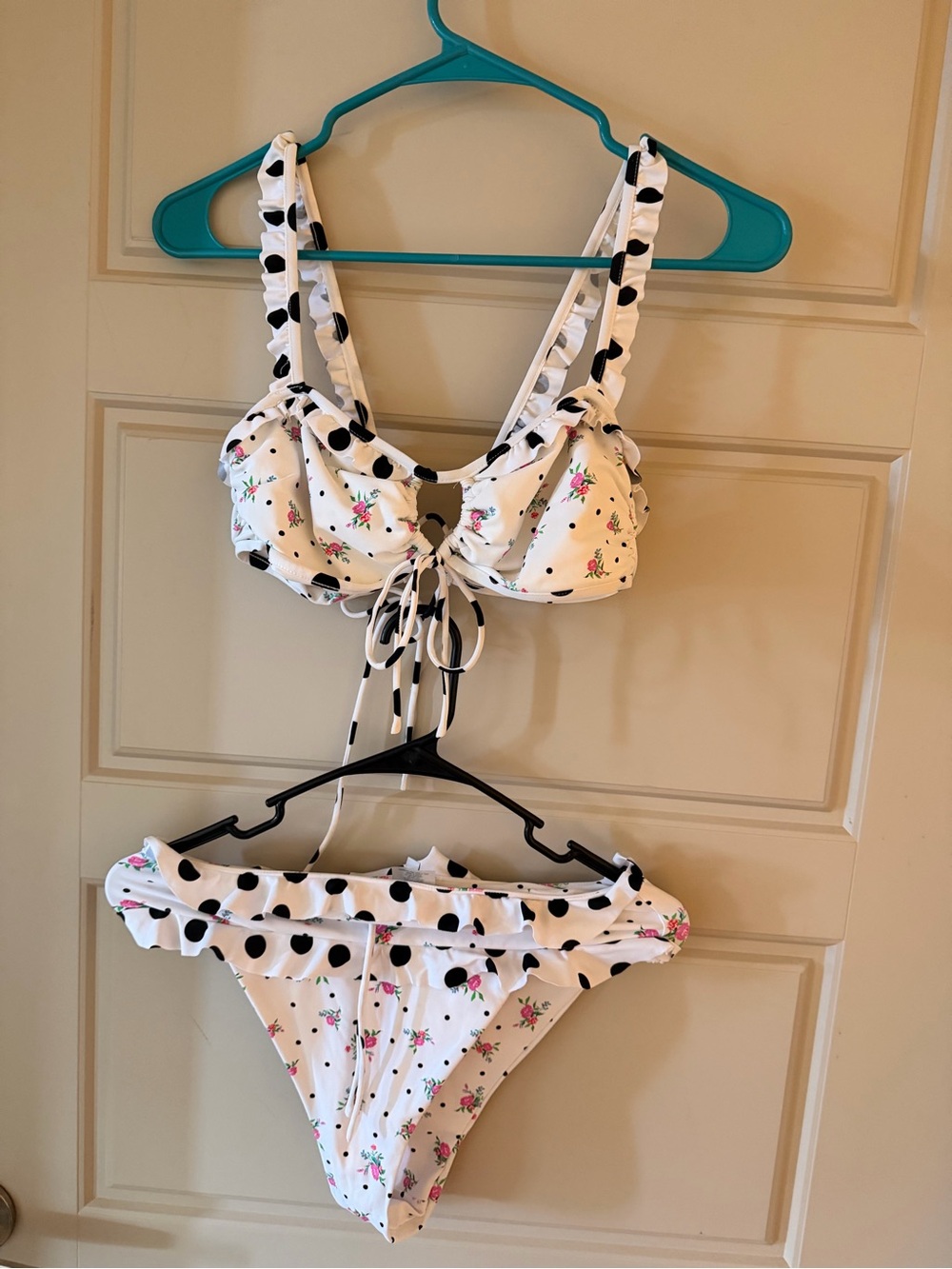 For Love & Lemons White Bikini with Black Polka Dots and Pink Floral Accents